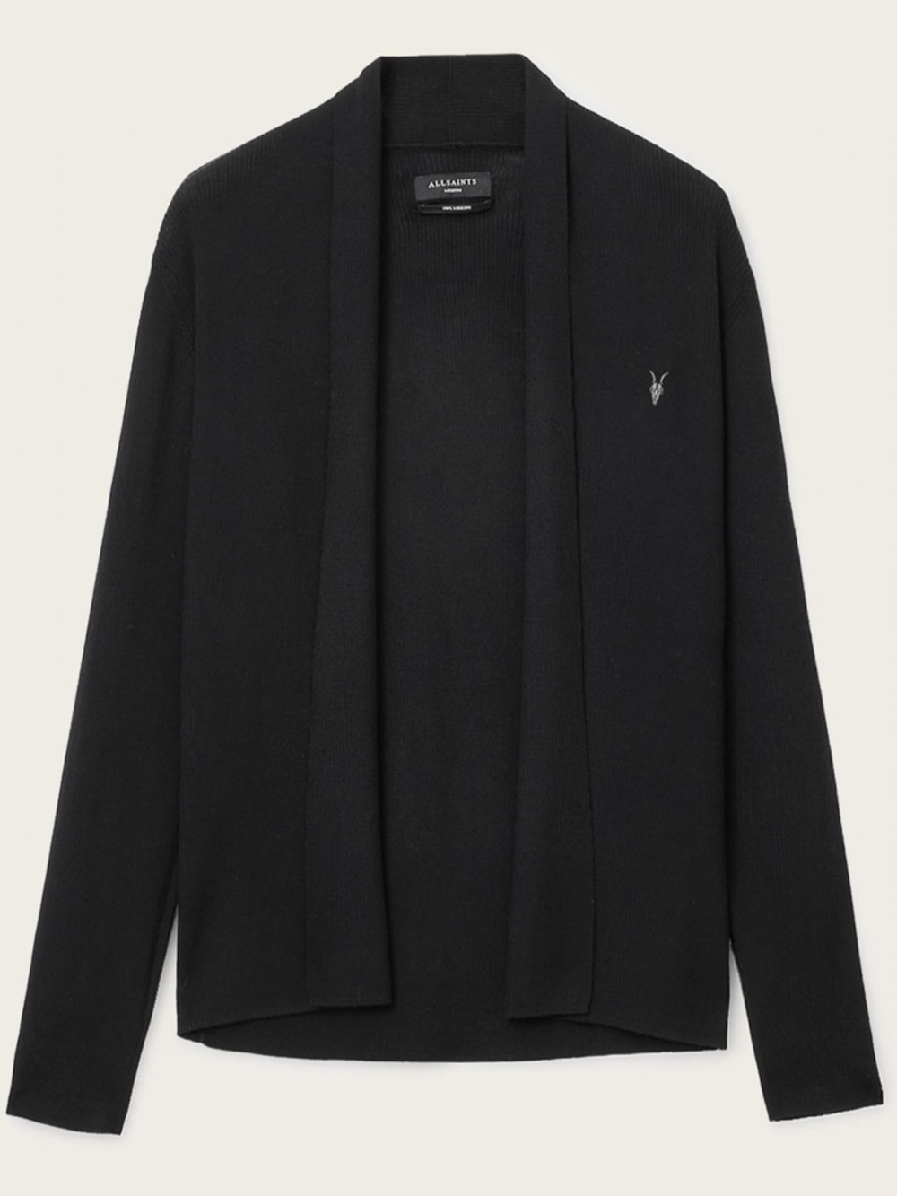 Allsaints men’s MODE MERINO RAMSKULL OPEN CARDIGAN black sz L NWT